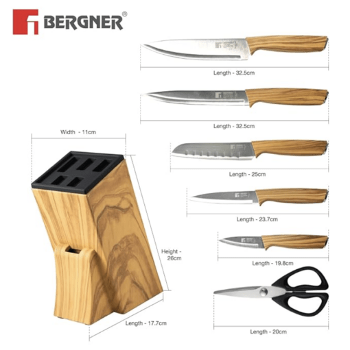 BERGNER Olive Garden Stainless Steel 7 Pcs Knife Set, Kitchen Knife Set of Chef Knife, Santoku Knife, Carving Knife, Utility Knife, Paring Knife, Scissor with Wooden Block, Durable, Soft Touch Handle - Image 2